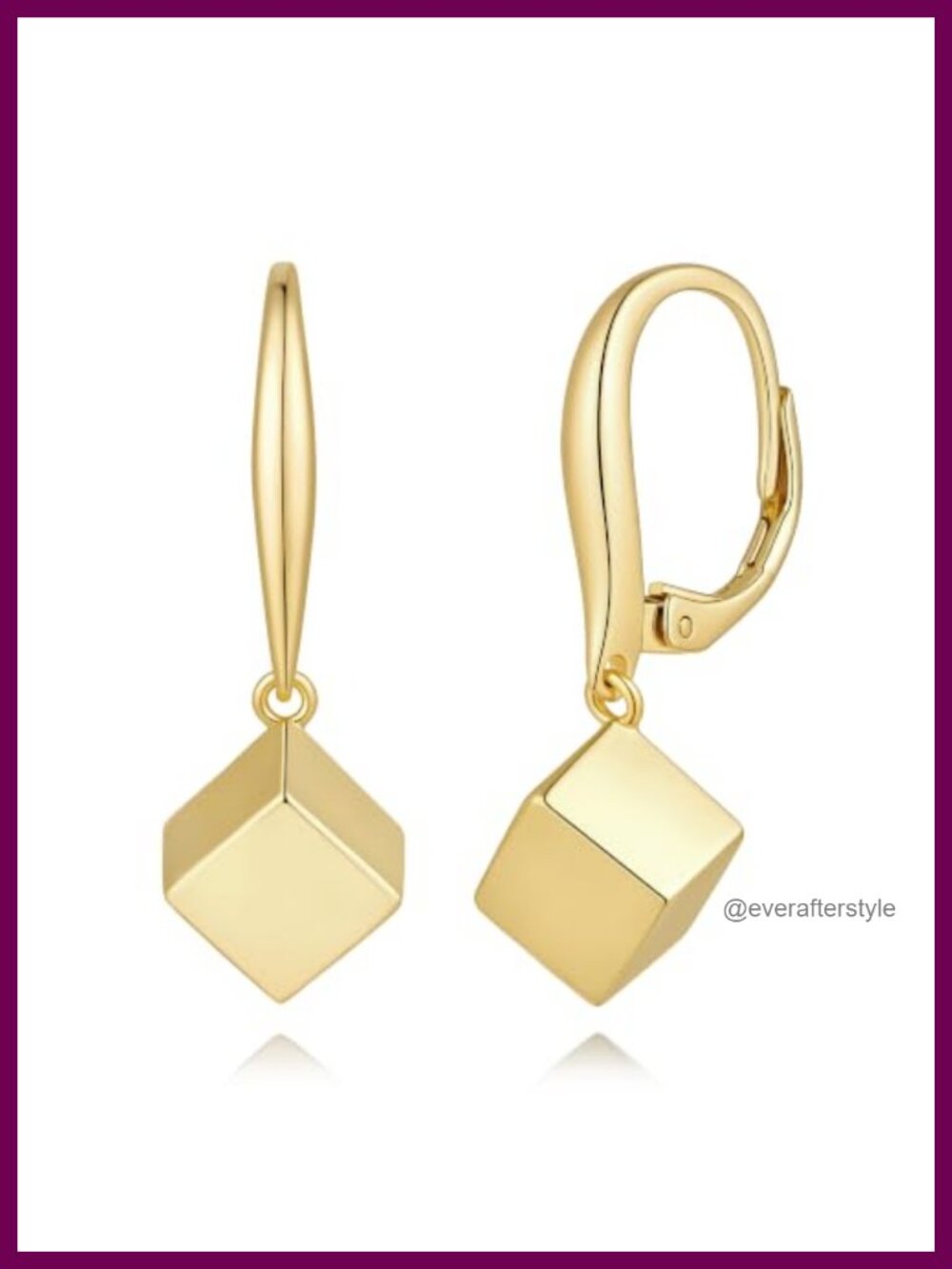 14K Gold Plated Dangle Hoop Earrings with Cube Drop Leverback